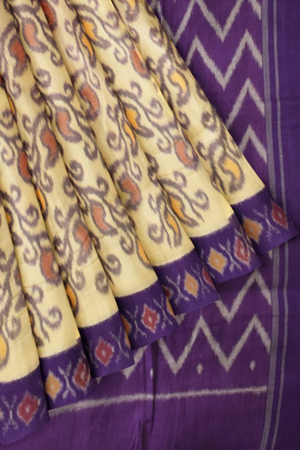 Off White and Purple Patola Handloom Cotton Saree K0183163327 4 Pleats and Pallu