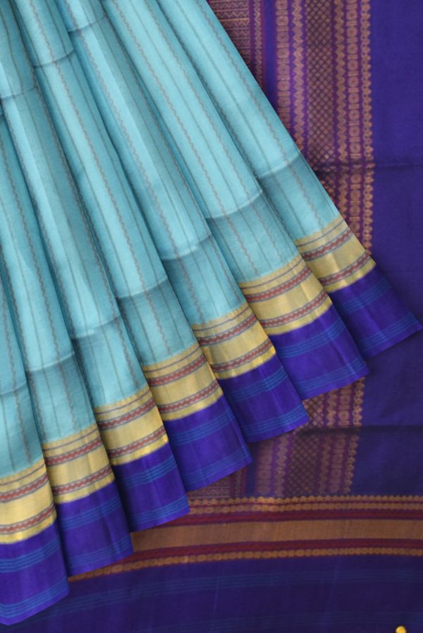 Sky Blue Handloom Silk Cotton Saree K0212021009 4 Pleats and Pallu